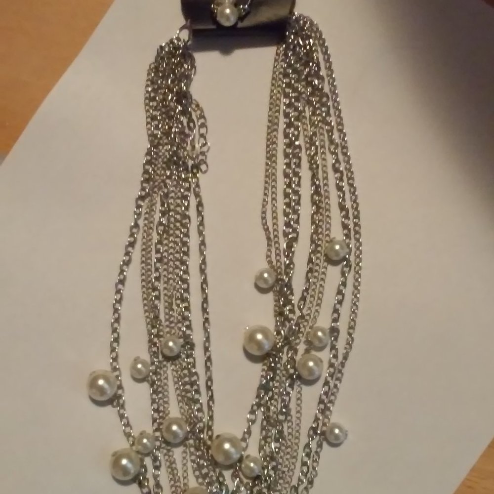 Paparazzi Silver & Pearls Necklace & Pierced Earring Set New 9 Strands Beautiful